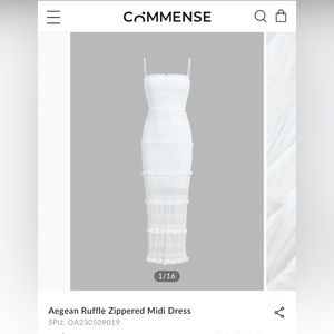Commense White Aegean Ruffle Zippered Midi Dress